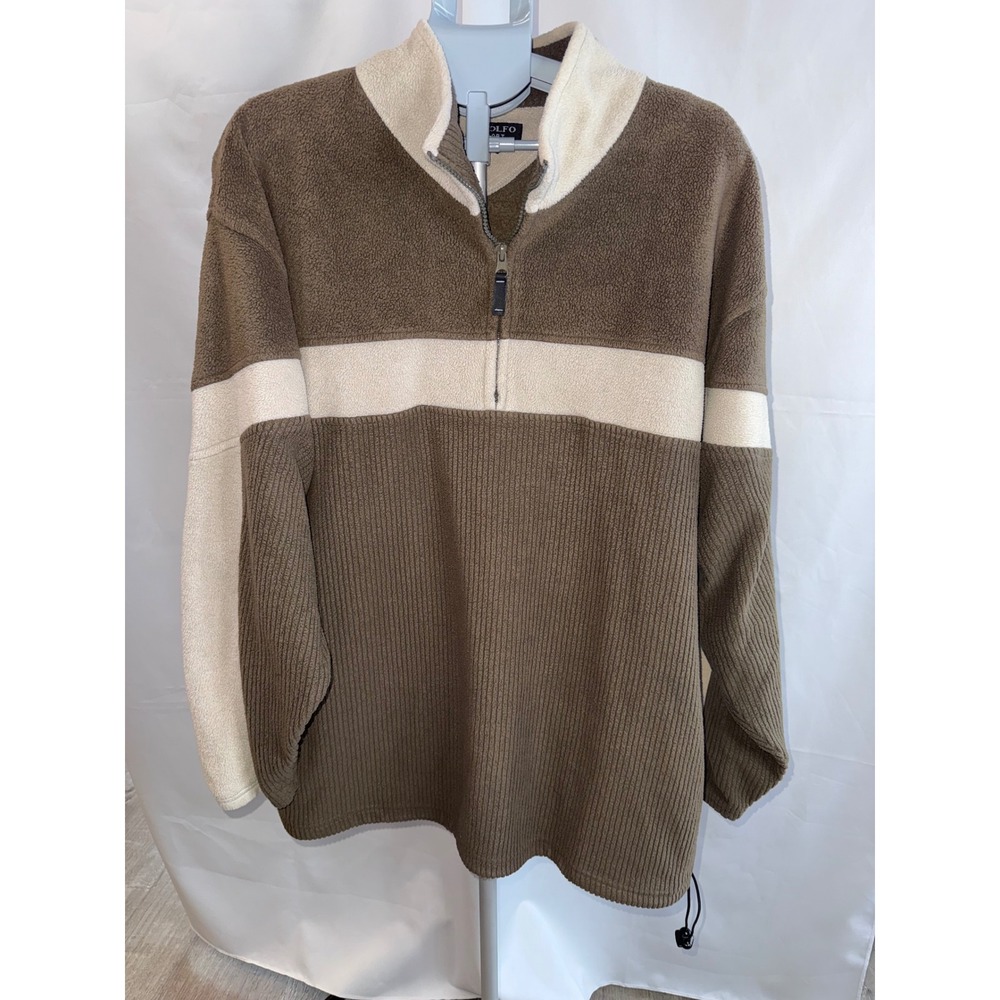 Adolfo Sport Mens XL Quarter Zip Fleece Pullover Brown Cream Colorblock Ribbed